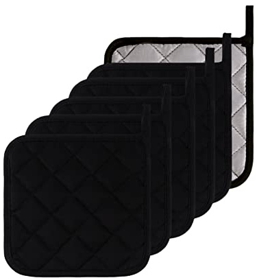 Kitchen Pot Holders Set Heat Resistant Pure Cotton Potholders Kit Trivets Large Coasters Hot Pads Terry Pot Holders for Everyday Cooking and Baking by 7 x 7 Inch Set of 6 Black