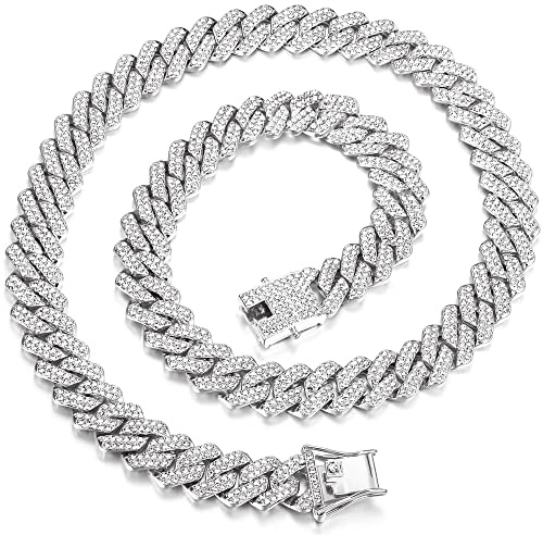 KRFY Iced Out Kette Cuban Links Chain Mens Necklaces 13MM Iced Out Miami Chunky Silver Plated Necklaces for Men Bling Bling Diamond Chain Hip Hop Jewelry Gift for Boys 61CM