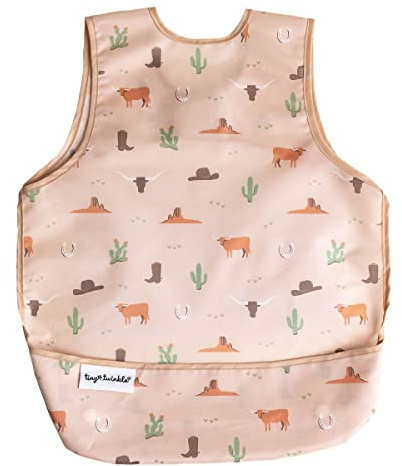 Tiny Twinkle Mess Proof Baby Bib - Waterproof Baby Apron - Machine Washable - PVC, BPA, & Phthalate Free - Great Travel Bib for Baby Eating - Baby Food Bibs (Cowboy, Large 2-4 Years)