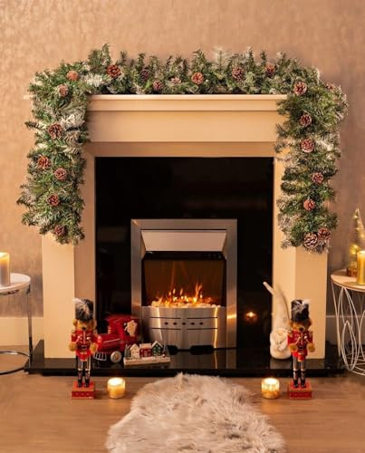 Marco Paul 9ft Snow Tipped Christmas Garland with Pine Cones - Artificial Frosted Xmas Garland for Fireplace Staircase Door or Table - 270cm Winter Christmas Decorations Home Décor