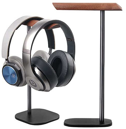 Gvoears Upgraded Headphone Stand, Walnut Wood Headphone Stand Headset Holder for Desk, Support Dual Headsets Suspension, Aluminum Alloy Support Rod Hanger, Dual Headphones Stand with Great Stablity