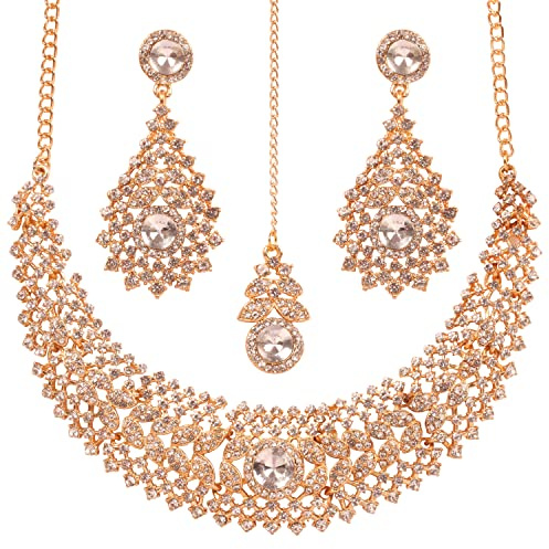 Touchstone NOUVEAU Indien Bollywood Charme Fabrication Artisanale Scintillant Faux Strass Rivoli Forme Designer Bijoux Grand Collier De Mariée Hasli Ensemble Dans Ton Doré Pour les femmes.