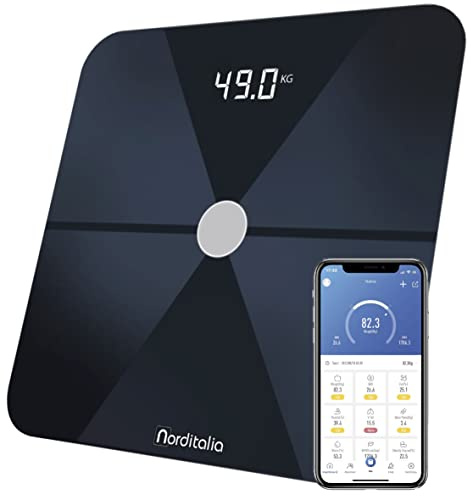 NORDITALIA, BI 250, intelligente Waage mit Bluetooth, Körperkomposition mit 12 Parametern, Batterien im Lieferumfang enthalten, Diagnosewaage aus gehärtetem Glas