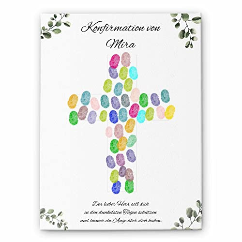 Taufe Fingerabdruck Leinwand mit Kreuz - Fingerabdrücke Gästebuch mit Kinder Motiven - Mit Namen & Wunschtext gestalten - tolle Fingerprint Idee für Geburt Geburtstag - Geschenk Mädchen Jungen