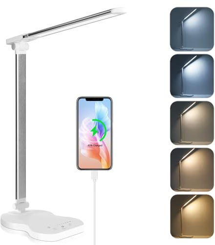 rigors Schreibtischlampe LED, Tischlampe 5 Farb und 10 Helligkeitsstufen, Tischleuchte TouchBedienung Bürolampe mit Memory-Funktion, 45min Auto Timer, USB Ladefunktion Leselicht für Home Office
