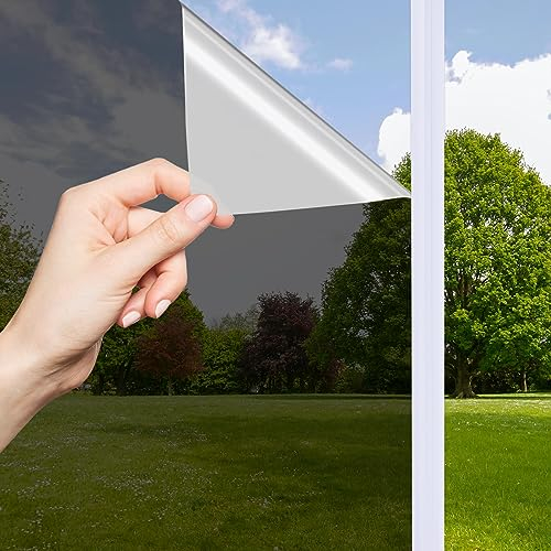 OFHome Spiegelfolie tönungsfolie Selbstklebend, Fensterfolie Blickdicht von Aussen, UV-Schutz Sonnenschutzfolie, Wärmeisolierung Sichtschutz, scheibentönungsfolie mit Kleber, Schwarz Silber 75x200cm