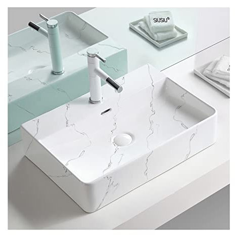 FIONEL Lavabo Moderne Lavabo rectangulaire en céramique, lavabo de Salle de Bain en marbre Blanc, 23,8 x16,5 au-Dessus du comptoir, lavabo de Table en céramique Art Basin Vasque à Poser
