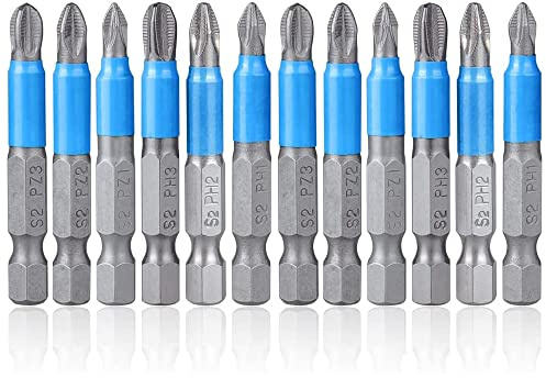 Mesee Set di 12 Punte Cacciavite a Croce Magnetiche Con Gambo Esagonale Antiscivolo PH1 PH2 PH3 PZ1 PZ2 PZ3 Cacciavite Magnetico per Cacciaviti Elettrici Manuali - 50mm