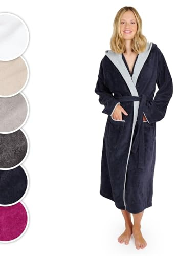 Blumtal badrock dam, gosig mjuk badrock dam bomull med fodrad huva och sammetslen frottévelour, Oeko-TEX®-certifierad, storlek L, mörk havsblå och blå