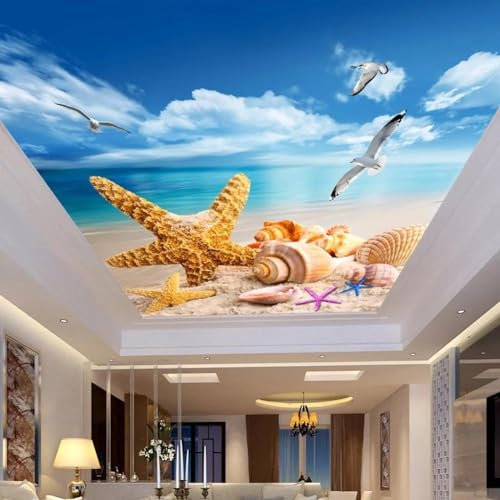 SABORR Fresques de plafond 3d papier peint décoratif bleu ciel blanc nuages paysage marin plage coquillage salon chambre toit fond mur autocollant art mural
