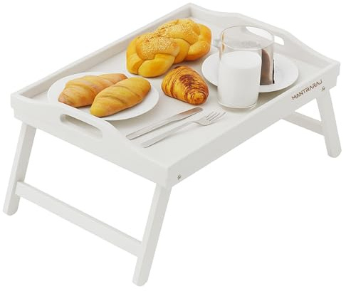 Mantraraj Bamboo Bed Table with Foldable Legs, Multipurpose Laptray Breakfast in Bed Tray, Snack Tray For Sofa, Laptop Stand - (White,60.5W x 30L x 23Hcm)