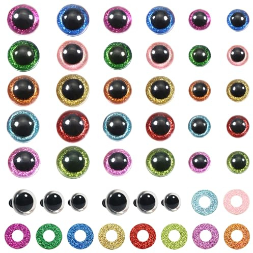 TOAOB 60 Stück Sicherheitsaugen für Häkeltiere 10mm bis 14mm Glitzer Bunt | 10 Farben Kunststoff Augen, Sicherheitsaugen mit Unterlegscheiben für DIY Basteln, Marionette Puppenherstellung