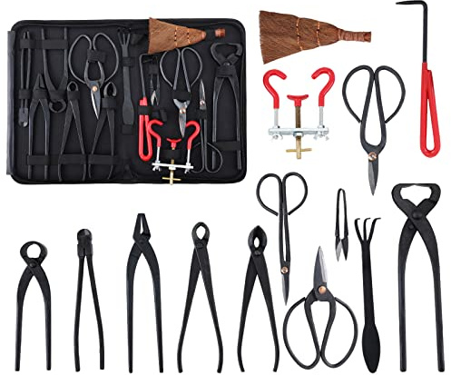 Holzsammlung Gartenwerkzeug Set, 14 Stück Schwerlast Carbonstahl Gartenarbeit Kit mit Gartenschere, Bonsai Schere, Pinzette, Bonsai Starter Werkzeuge Set für Bonsai Einsteiger#C