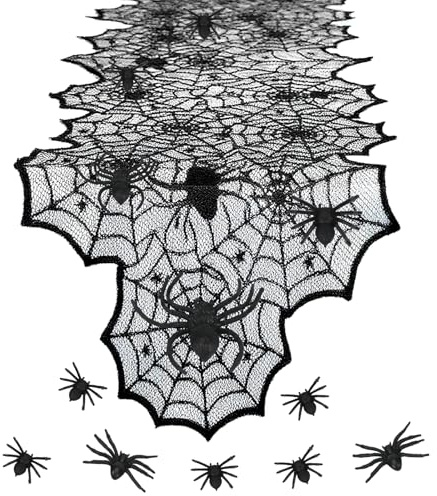 Tischläufer Spinnennetze, 180 x 45cm Schwarz Deko Tisch, Halloween Tischdeko, Tischdekoration Spitze Stoff mit Spinnen, Tischband Accessories für Halloween Party, Halbdurchsichtiger Dekostoff