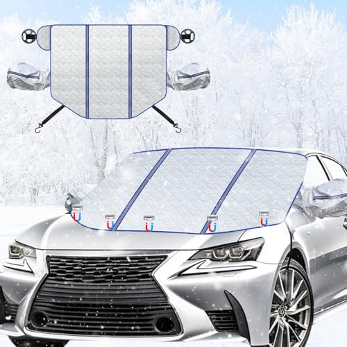 GOHHME Windshield Snow Cover for Winter 145 x 105 CM Car Windshield Cover Extended Front Flap Built-in Magnets Attachment Hooks Anti-theft Buckle Material Blocking Frost Snow Ice Leaves Bird Droppings