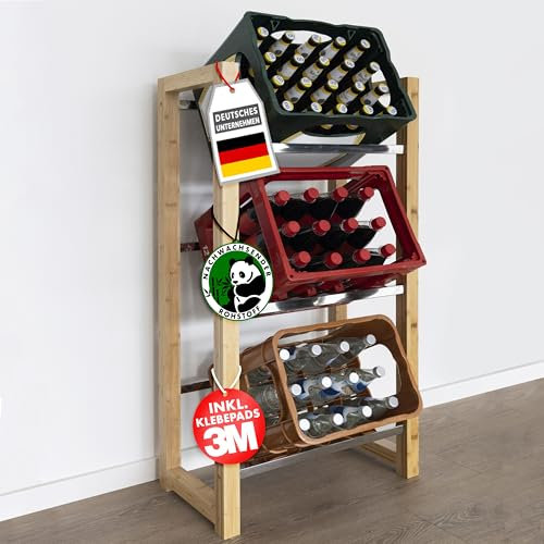 Floordirekt Getränkekistenregal für 3-6 Kisten aus Bambus & Stahl, stabiles und robustes Weinregal, Wasserkistenregal, Bierkistenregal, Kistenständer, Getränkeschrank, Getränkeregal (Flash) (3 Kisten)