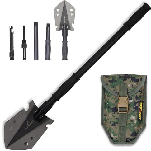 Xforst Multifunktionaler Klappspaten für Camping und Survival – Karbon-Stahl Schaufel mit 3 Längen Kombi, Survival-Säge, Feuerstein, Pfeife und Tasche – Offroad Zubehör