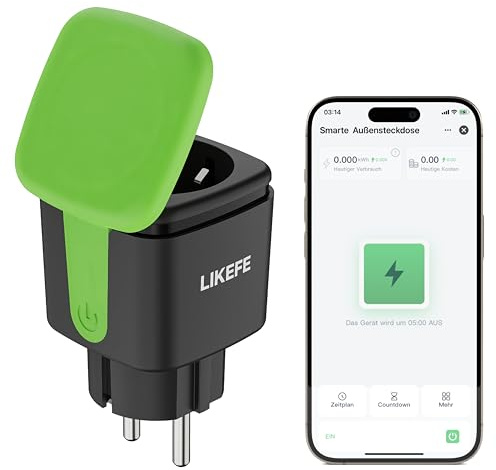 LIKEFE Intelligente Steckdose, Stromverbrauch & Stromkosten überwachen, IP44 Wasserdichte Smarte Außensteckdose, WLAN Steckdose mit Zeitschaltuhr, App Fernsteuerung & Sprachsteuerung, 2.4GHz