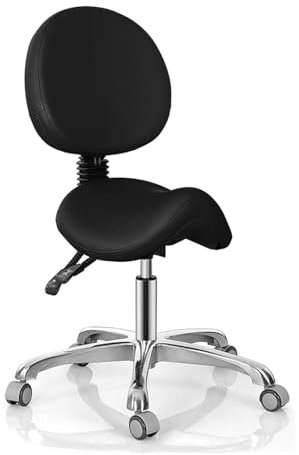 Sattelhocker mit Rollen und Lehne Höhenverstellbarer 46-59cm, Bürohocker mit Rollen Ergonomisch Werkstattstuhl, Arbeitshocker 360° Drehstuhl(Black)