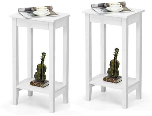 COSTWAY 2 er Set Beistelltisch mit Regal, 2-stöckiger hoher Sofatisch mit 4 Massivholzbeinen, Rechteckiger Ablagetisch Flurtisch Holz, Pflanzentisch Holztisch für Wohnzimmer Schlafzimmer (Weiß)