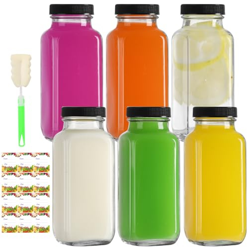 EkkoVla 6 Pack 250ml Glass Juice Bottles with Lids | Reusable Beverages Drinking Jars, Juicing Bottles for Smoothies, Homemade Beverages, Milk, Hot Cold Drinks, Kombucha