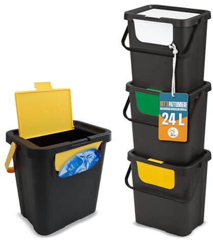 AKITAInk - Set di 3 Pattumiere 72 litri AKITAPATRAP – Kit di bidoni per la raccolta differenziata, con design pratico e coperchio dotato di sportellino frontale e superiore colorato.