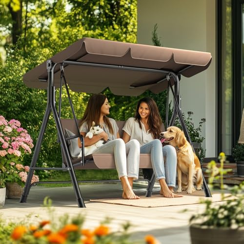 Balançoire Hollywood 3 Places avec Toit｜Balancelle Stable avec Structure en Acier et Pieds antidérapants, Charge 200 kg｜Banc de balançoire pour Jardin, résistant à l’Eau｜Marron foncé