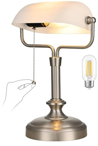 LOFOB Banker's Desk Lamp with White Glass Shade, Brushed Nickel Base, Pull Chain Switch,LED Bulb Included