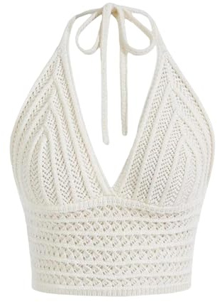 Felcia Women's Stylish Knit Halter Cami Tops Sleeveless Backless Crop Camisole Summer Crochet T Shirts (A-White, L)