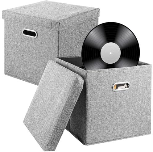 wkao 2 cajas de almacenamiento de discos de vinilo, organizadores de tela para 50 Lps, 13 x 13 x 13 pulgadas, con tapas, contenedores de almacenamiento fáciles de transportar para mover y organizar