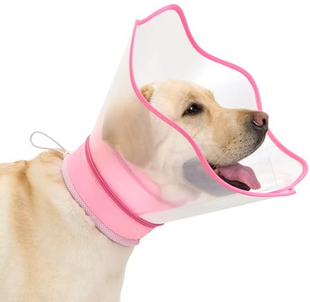 Arblina Halskrause Hund, Verstellbarer Halskrause Nach Operationen, Leckschutz Hunde mit Abnehmbarem Durchsichtigem Schutzschild, Trichter Hund für Kleine/Mittlere/Große Hunde, Rosa, L