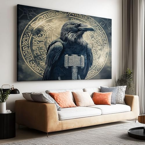 Großes Leinwandbild Wandbild Nordische Mythologie Rabe Thors Hammer auf Leinwand Wandkunst Modern Aesthetic XXL Kunstdruck Deko für Wohnzimmer Schlafzimmer Geschenk 120x80cm