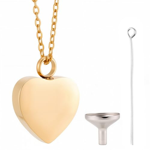 CREATCABIN Collier Urne en Forme de Cœur pour Cendres Bijou de Crémation Pendentif en Acier Inoxydable Mini Urne Pendentif en Or Porte Cendres avec Entonnoir Étanche pour Femmes et Hommes 2x2.6cm