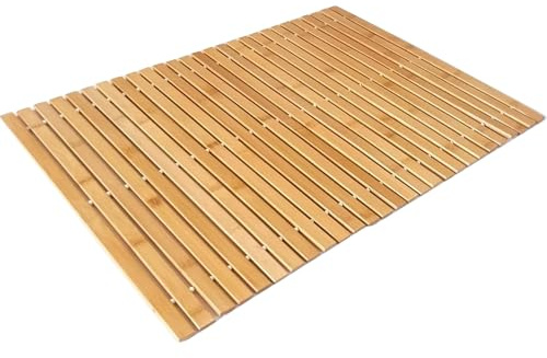 RIXI Folding Bamboo Wooden Bath Mat Non-Slip Slatted Duckboard – Quick Drying Eco Shower Mat for Bathroom, Sauna, Kitchen, Spa, Toilet, Home Floors – 60x40 cm Brown