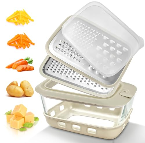 Cheese Grater with Container,Glass Food Storage Box with Silicone Sleeves,for Hard Parmesan,Soft Cheddar Cheeses,Vegetables,Chocolate,for Microwave, Dishwasher, Oven(1380ml,46oz)