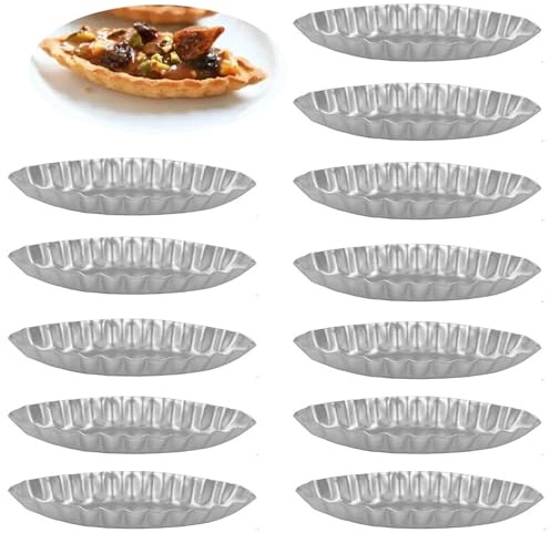 MGGi 12Pcs 4.72 Inch Aluminum Fluted Boat Tart Pan, Mini Oval Tartlet Mold for Egg Tarts, Quiches, Cheesecakes, Wavy Tartlet, Fruit Tats - Silver