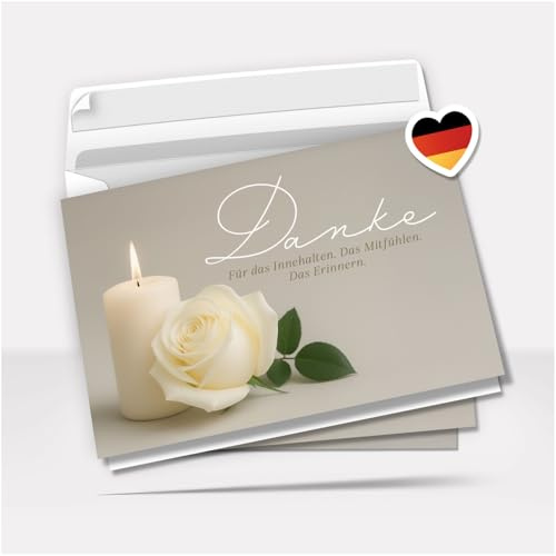 Danksagung Trauer mit Text | 10 Danke Klappkarten mit Umschlag Rose | Weisse Kerzen Rosen | Dankeskarten | Trauerkarten Danksagungskarten A6 Faltkarte | Doppelkarte