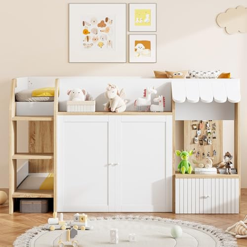 EURHCIO Lit Mezzanine 1 Place 90x200cm,Lit Cabane Enfants avec Étagères,Grand Escalier,Armoire,Portes,Barrière Haute,Sommier à Lattes Solide,pour Enfants Adolescents (Blanc)