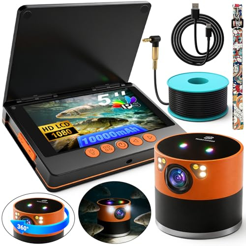 SXHELECOK Underwater Fishing Camera with 360° Horizontal Rotating Exclusive Anti-Fog Lens & RGB Lure Lights, 5 1080P 1200TVL IPS Screen, 20MP, 10000mAh, 99ft Cable for Ice, Boat, Nautical Fishing