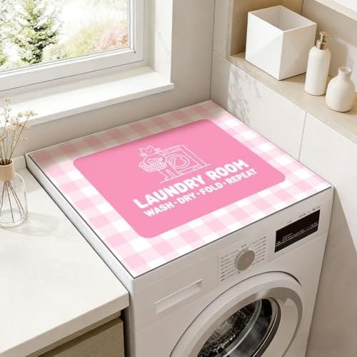 SUPERDANT Washer Top Protector 24x20 Inch/60x50cm Grid Cat Waterproof Laundry Dust Cover Pad Washing Machine Top Mat Non-Slip Fiber Laundry Room Decorative Mat for Top-Load Washer Pink