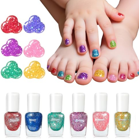 Aieenjor Set di 6 colori sfoderabile per unghie per bambini, a base d'acqua, con brillantini, per bambini, non tossico, ad asciugatura rapida, per bambini e ragazze