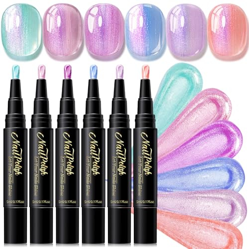 6 Farben Nagellackstift Schnelltrocknend - 3 In 1 Nagelkunststifte Wasserbasis Maniküre Set - Polarisiert Farben Nail Stifte Pen, Nail Arts Pen Ohne UV Lampe