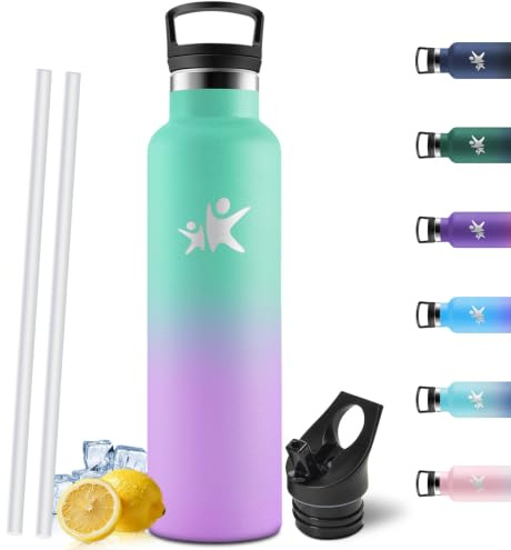 Motswedi Botella Termica 1 Litro, Doble Aislamiento al Vacío, Botella agua Acero Inoxidable, para Bebidas Calientes y Frías, Cantimplora Termica, para Bicicleta, Gimnasio, Verde lago & Morado claro