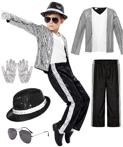 Deguisement Roi de la Pop Garcon à Années 80-90 Veste A Paillettes Argentees Pantalon Chapeau Lunettes Gants pour Halloween Carnaval Cosplay Spectacle Enfant 4-12 Ans