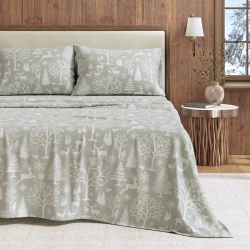 Great Bay Home Flannel Sheet Set King Size - 100% Turkish Cotton, Double-Brushed, Lodge-Printed Bed Sheets - Ultra-Soft, Cozy, 4-Piece Bedding Set (Enchanted Woods - Blue)