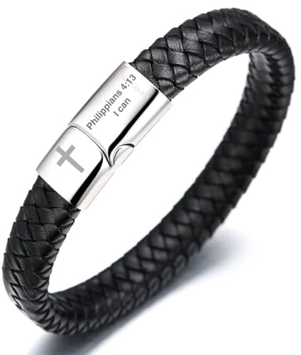 Halukakah Faithful Strength Herren-Lederarmband - 21,5cm Klassisches Schwarz Leder mit Magnetischer Titanstahlschließe,Gravierte Bibelverse & Kreuz.Religiöses Geschenk für Ehemann,Freund,Vater,Freund