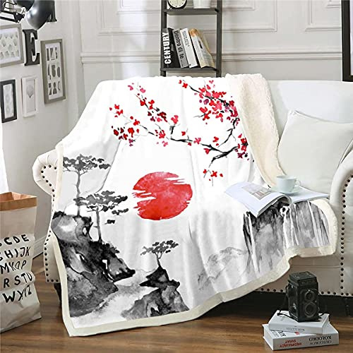 Loussiesd Japanische Ukiyoe Decke 150x200cm Kirschblüten Rote Sonne Kuscheldecke für Kinder Jungen Mädchen Tinte Japanischen Stil Wohndecke Exotischer Stil Dekor Flanell Fleecedecke