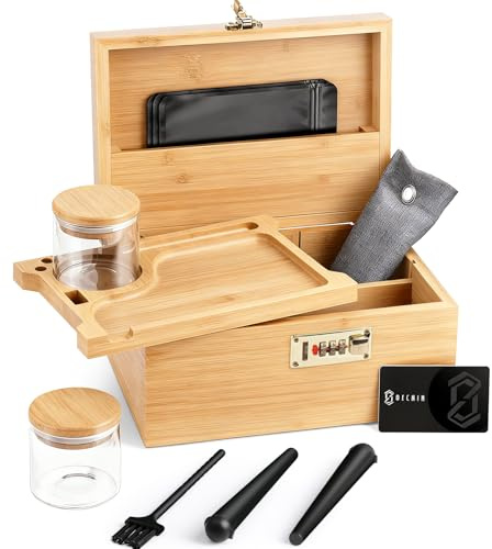 OZCHIN Large Bamboo Box with Combination Lock Decorative box for Home Great Gift Choice Storage Lockbox with Storage Jar, Gifts for Men Women (Brown, 10 x 6.9 x 5 inches)