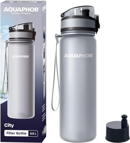AQUAPHOR City Bottle 500ml Grey | Travel Water Bottle with Activated Carbon Filter | Filters Chlorine & Impurities | Made of Tritan & BPA-Free | Stay Hydrated On the Go!
