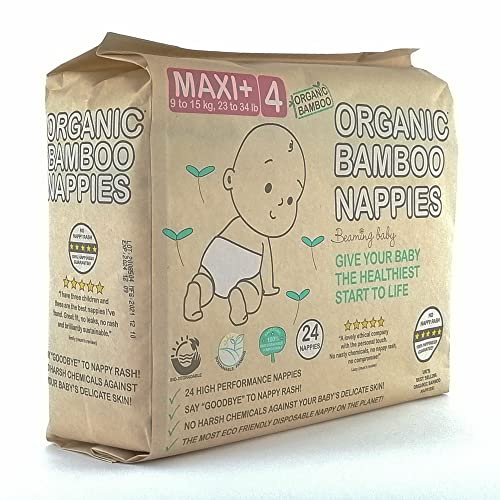 Beaming Baby Organic Bamboo Nappies Size 4, Maxi Plus, 7 Packs of 24 Bamboo Eco Nappies. Eco Friendly Bamboo Diapers for Your Beautiful Baby 6 to 12 Months